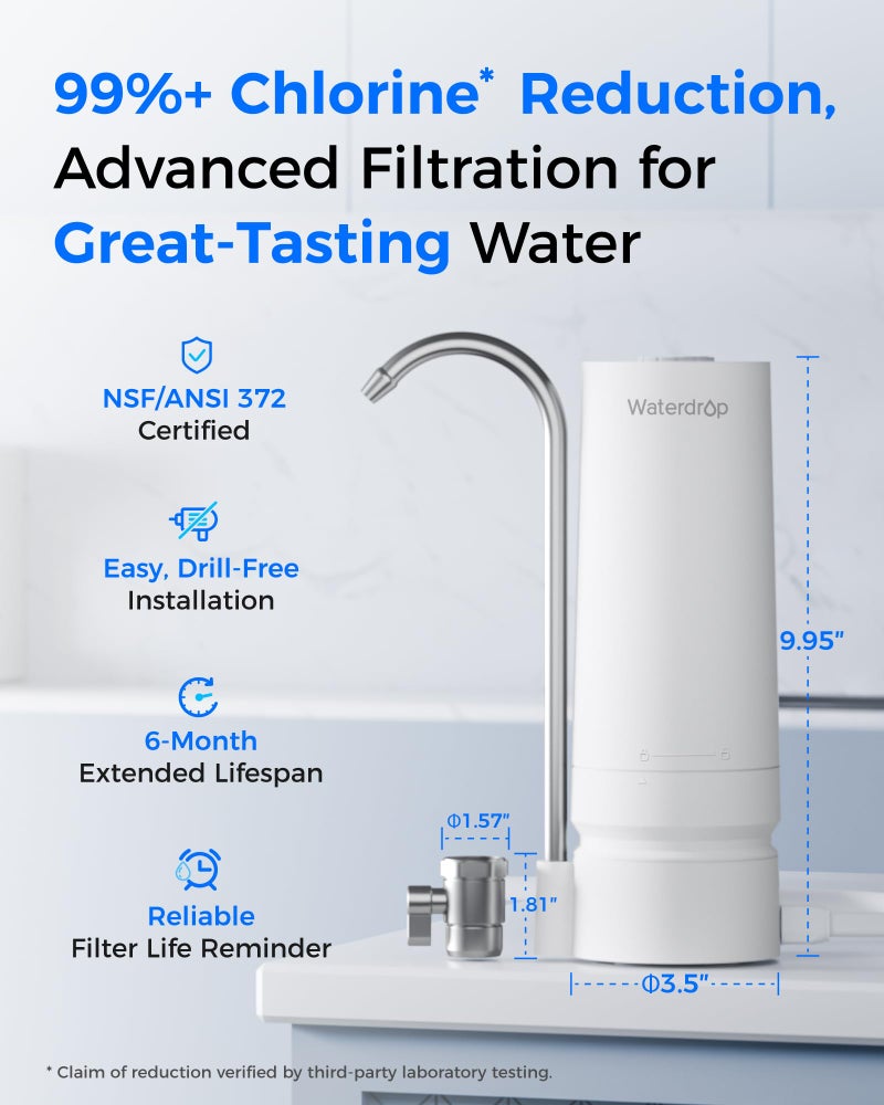 Waterdrop فلتر مياه ووتر دروب لصنبور الحوض، نظام فلترة مياه على السطح بسعة 4000 جالون وتذكير بعمر الفلتر، يقلل من المعادن الثقيلة، الروائح الكريهة، و99% من الكلور، WD-CTF-05 (1 فلتر) - Image 4