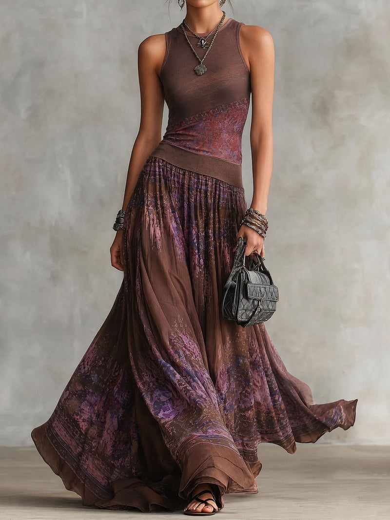 Women's Bohemian Retro Sleeveless Printed Maxi Dress - Brown