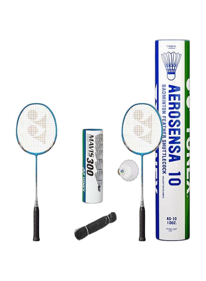 Yonex Yonex Muscle Power 8S Cyan 2UG4 & Mavis 350 White Slow Nylon Shuttlecock Bundle - 2 Racquets, 1 Mavis 350 White 6 Piece Tube & 1 Outdoor Net + Aerosensa 10 Feather Shuttlecock, Number 2 Pack - Image 1