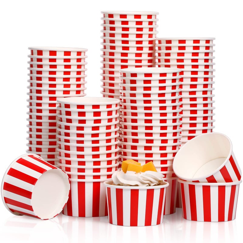 200 قطعة أكواب آيس كريم ورقية سعة 55 أونصة مخططة بالأحمر والأبيض أكواب سونداي القابلة للتصرف أكواب الزبادي والحلويات للحساء الساخن والوجبات الخفيفة واحتفالات موضوع الكرنفال