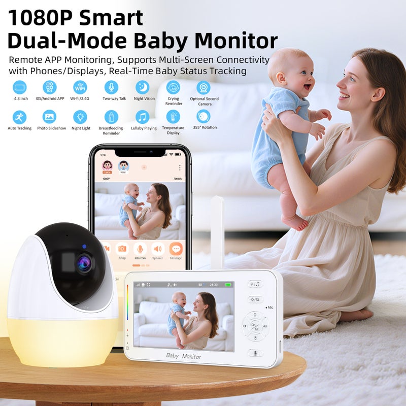 New 4.3-inch Remote Baby Monitor with Screen, 1080P HD, Smart Two-Way Talk - Image 3