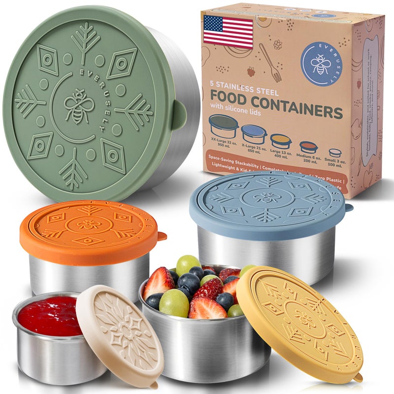 Everusely - Stainless Steel Containers with Lids - Set of 5, Muted Collection - Leakproof Stainless Steel Food Containers - Nesting Snack Holders - Metal Lunch Box - Portable & Reusable Meal Kit - Image 1