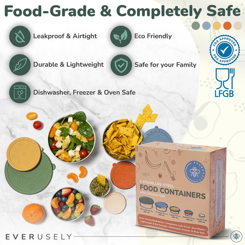 Everusely - Stainless Steel Containers with Lids - Set of 5, Muted Collection - Leakproof Stainless Steel Food Containers - Nesting Snack Holders - Metal Lunch Box - Portable & Reusable Meal Kit - Image 4