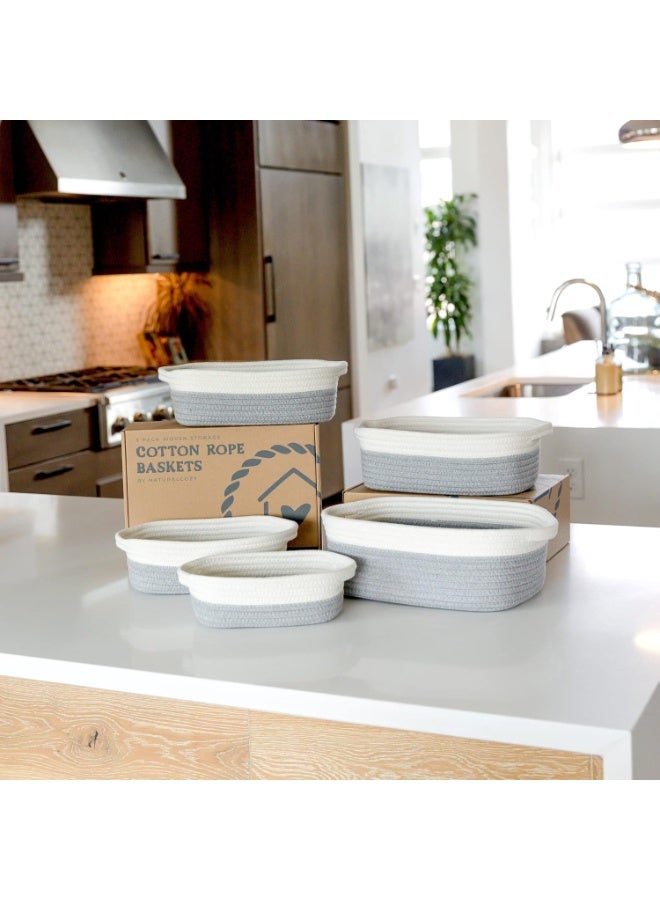 مجموعة سلال تخزين مستطيلة الشكل مكونة من 5 قطع - مصنوعة من حبل قطني طبيعي، تساعدك على تنظيم أغراضك بسهولة! مناسبة لتعليم مونتيسوري، الحضانات، سلال ألعاب الكلاب، صناديق ألعاب القطط، صناديق تخزين الحمام. (رمادي-أبيض) - Image 4