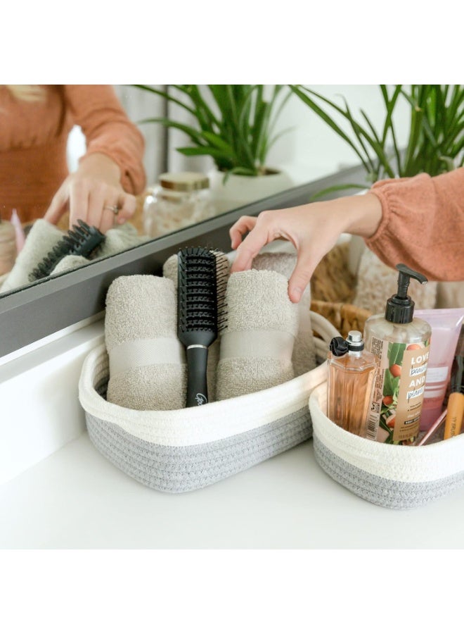 مجموعة سلال تخزين مستطيلة الشكل مكونة من 5 قطع - مصنوعة من حبل قطني طبيعي، تساعدك على تنظيم أغراضك بسهولة! مناسبة لتعليم مونتيسوري، الحضانات، سلال ألعاب الكلاب، صناديق ألعاب القطط، صناديق تخزين الحمام. (رمادي-أبيض) - Image 5