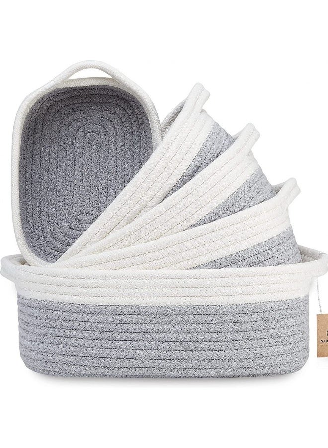 مجموعة سلال تخزين مستطيلة الشكل مكونة من 5 قطع - مصنوعة من حبل قطني طبيعي، تساعدك على تنظيم أغراضك بسهولة! مناسبة لتعليم مونتيسوري، الحضانات، سلال ألعاب الكلاب، صناديق ألعاب القطط، صناديق تخزين الحمام. (رمادي-أبيض) - Image 1