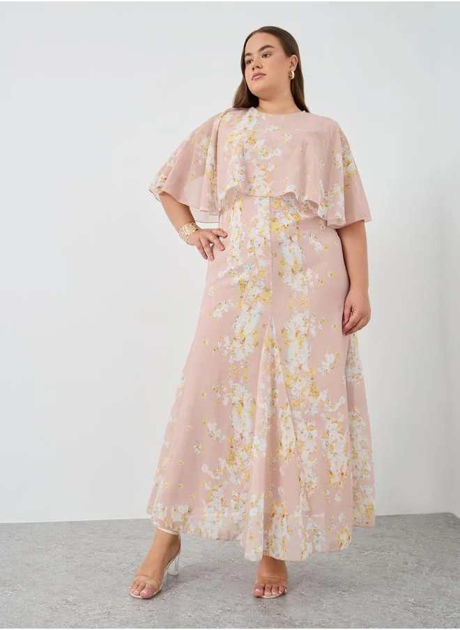 ستايلي Styli Plus Size Floral Print Cape Sleeve Maxi Dress