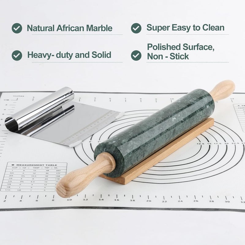 Koville Indian Natural Marble Rolling Pin, Non-Stick Polished Dough Roller, Pasta, Dumpling, Fondant, Pie Crust, Bread, Pizza Dough, Kitchen Baking Pastry Tools with Mat/Scraper(Indian Green) - Image 3
