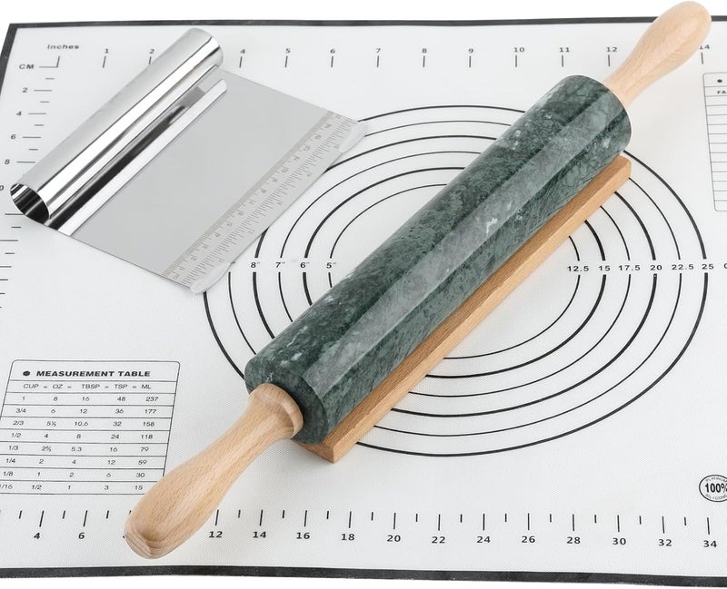 Koville Indian Natural Marble Rolling Pin, Non-Stick Polished Dough Roller, Pasta, Dumpling, Fondant, Pie Crust, Bread, Pizza Dough, Kitchen Baking Pastry Tools with Mat/Scraper(Indian Green) - Image 1