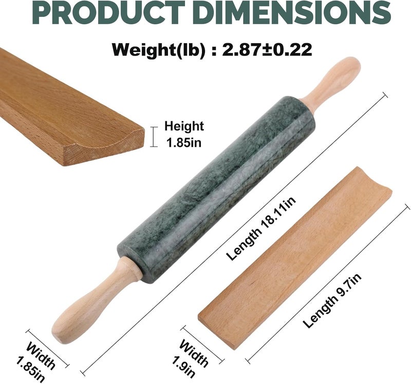 Koville Indian Natural Marble Rolling Pin, Non-Stick Polished Dough Roller, Pasta, Dumpling, Fondant, Pie Crust, Bread, Pizza Dough, Kitchen Baking Pastry Tools with Mat/Scraper(Indian Green) - Image 2