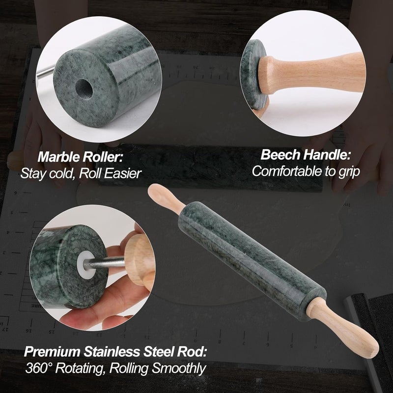 Koville Indian Natural Marble Rolling Pin, Non-Stick Polished Dough Roller, Pasta, Dumpling, Fondant, Pie Crust, Bread, Pizza Dough, Kitchen Baking Pastry Tools with Mat/Scraper(Indian Green) - Image 5