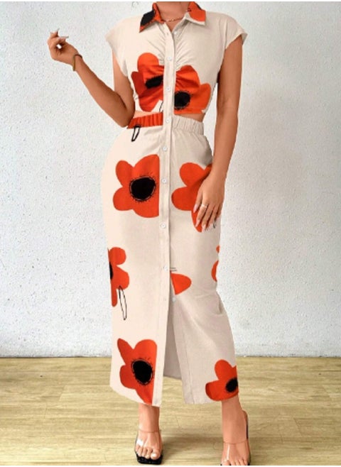 SHEIN Raffinéa Floral All-Over Print Long Casual Dress With Buttoned Collar