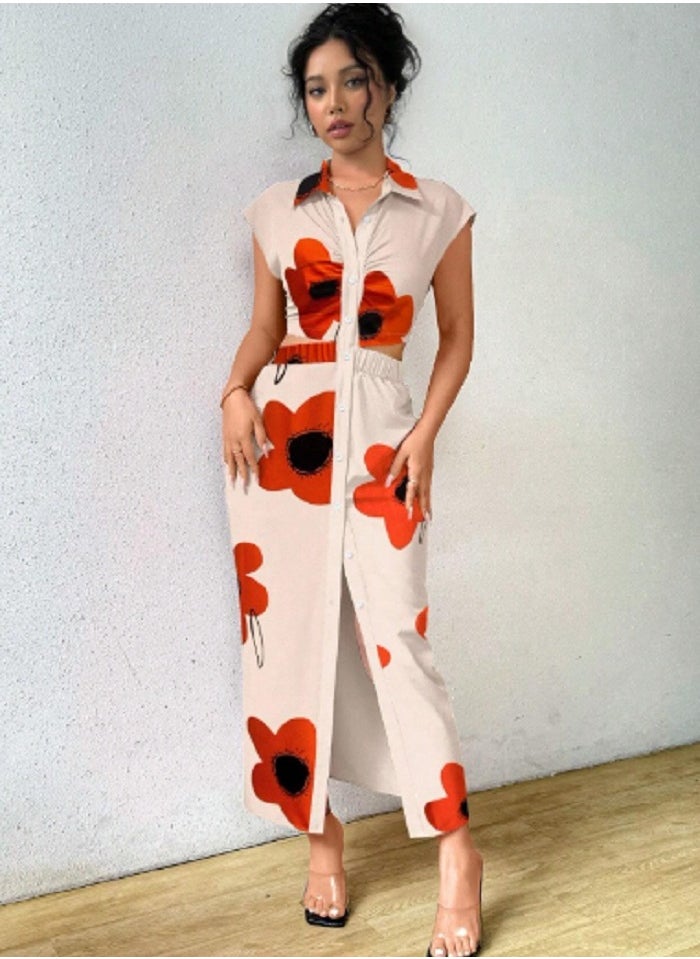 Shein - SHEIN Raffinéa Floral All-Over Print Long Casual Dress With Buttoned Collar - Image 1