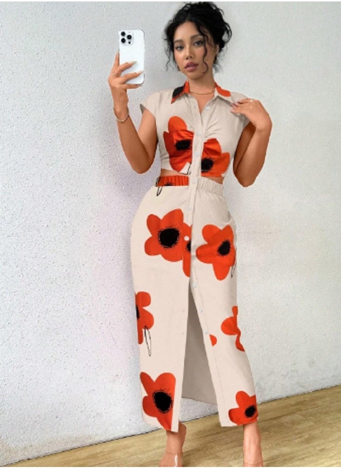 Shein - SHEIN Raffinéa Floral All-Over Print Long Casual Dress With Buttoned Collar - Image 1