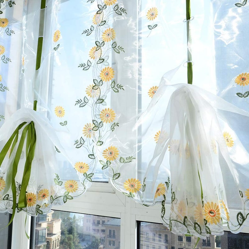 Tulle Yarn Screen Curtains, Sheer Drape with Chrysanthemum Print, 80x150cm, Yellow - Roman Blinds Style, Fadeless Design, Living Room Window Decor (80 * 100cm) - Image 5