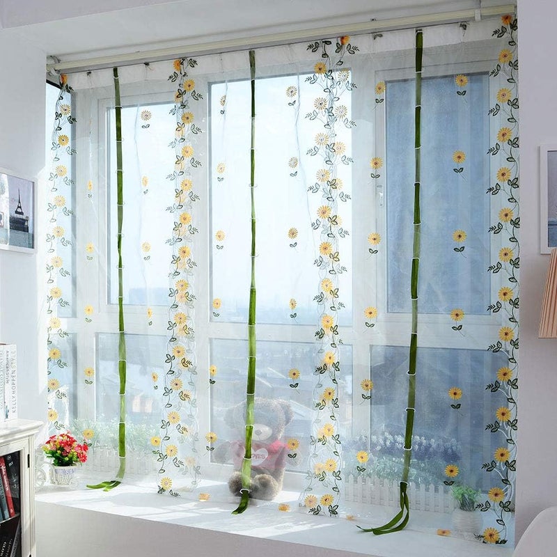 Tulle Yarn Screen Curtains, Sheer Drape with Chrysanthemum Print, 80x150cm, Yellow - Roman Blinds Style, Fadeless Design, Living Room Window Decor (80 * 100cm) - Image 4