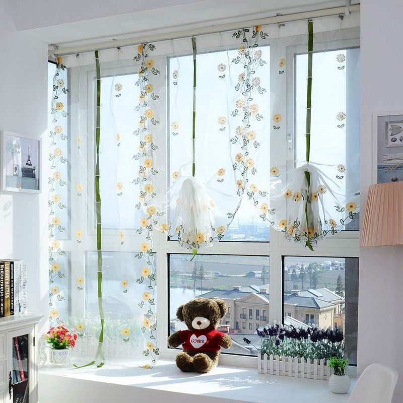 Tulle Yarn Screen Curtains, Sheer Drape with Chrysanthemum Print, 80x150cm, Yellow - Roman Blinds Style, Fadeless Design, Living Room Window Decor (80 * 100cm) - Image 2