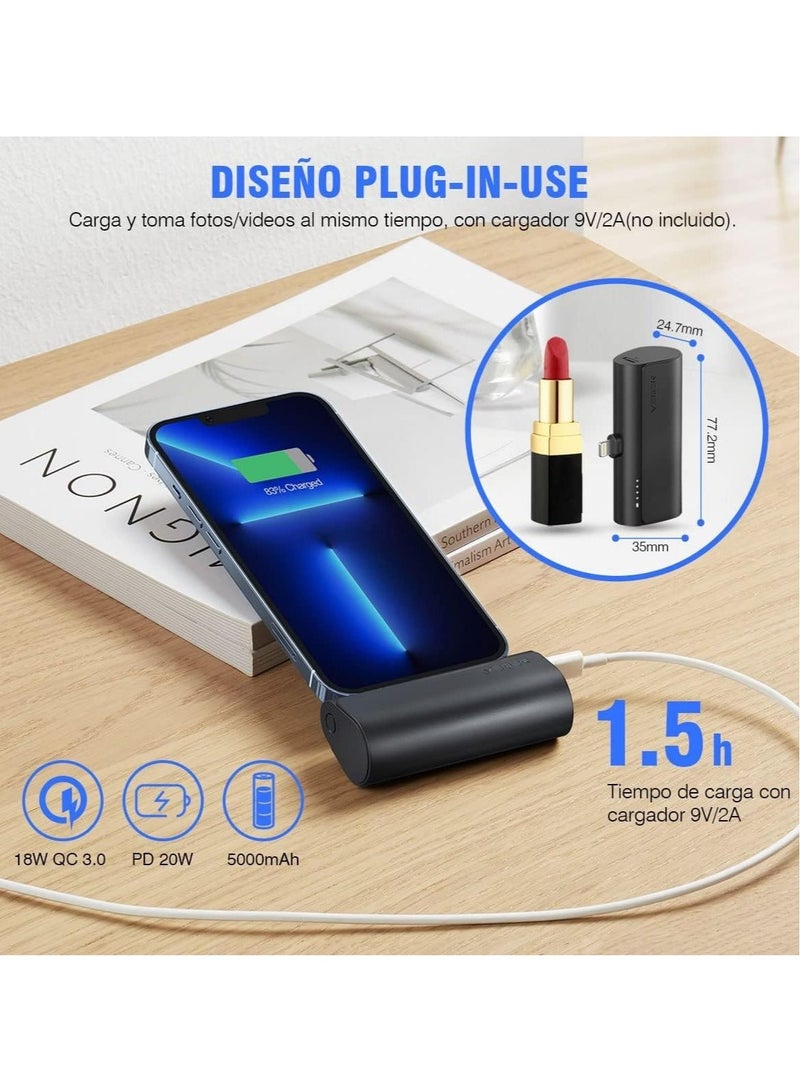 باور بانك محمول صغير 5000 مللي أمبير شحن سريع 20 واط PD، QC 3.0 بطارية خارجية مع قابس مدمج للاستخدام شاحن محمول متوافق مع آيفون 13/12/11/XR/X/8/7/6/بلاس - Image 2