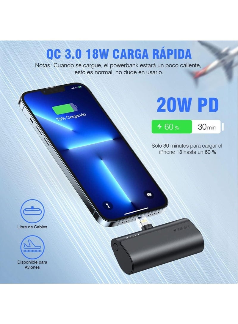 باور بانك محمول صغير 5000 مللي أمبير شحن سريع 20 واط PD، QC 3.0 بطارية خارجية مع قابس مدمج للاستخدام شاحن محمول متوافق مع آيفون 13/12/11/XR/X/8/7/6/بلاس - Image 4