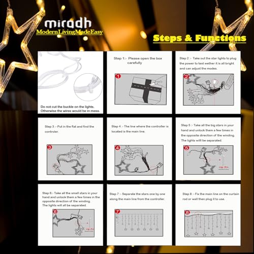 MIRADH 12 Stars 138 Led 8 Mode Controller Curtain String Lights Led Lights for Home Decoration, Diwali Lights for Decoration for Home, led Strip Lights, Fairy Lights RGB (Multicolor) (MRD-Star-6+6-M) - Image 5