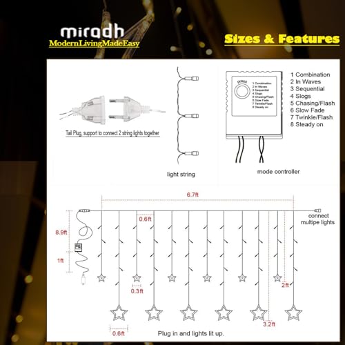 MIRADH 12 Stars 138 Led 8 Mode Controller Curtain String Lights Led Lights for Home Decoration, Diwali Lights for Decoration for Home, led Strip Lights, Fairy Lights RGB (Multicolor) (MRD-Star-6+6-M) - Image 3