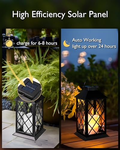 Homemory Solar Lanterns Outdoor Waterproof Hanging with Flickering Flameless Candles, 2 Pack 13'' Garden Outdoor Lantern Decorative for Patio Front Porch Backyard Balcony Cabin Outside Table(Black) - Image 4