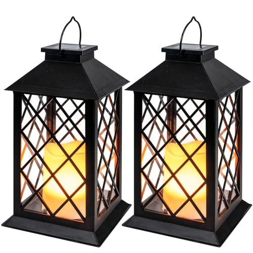 Homemory Solar Lanterns Outdoor Waterproof Hanging with Flickering Flameless Candles, 2 Pack 13'' Garden Outdoor Lantern Decorative for Patio Front Porch Backyard Balcony Cabin Outside Table(Black) - Image 1