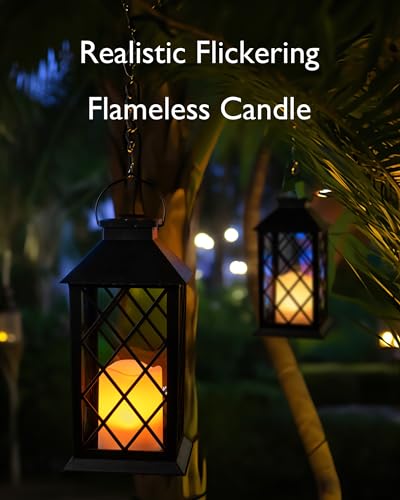 Homemory Solar Lanterns Outdoor Waterproof Hanging with Flickering Flameless Candles, 2 Pack 13'' Garden Outdoor Lantern Decorative for Patio Front Porch Backyard Balcony Cabin Outside Table(Black) - Image 2