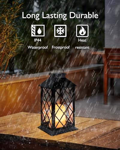 Homemory Solar Lanterns Outdoor Waterproof Hanging with Flickering Flameless Candles, 2 Pack 13'' Garden Outdoor Lantern Decorative for Patio Front Porch Backyard Balcony Cabin Outside Table(Black) - Image 3