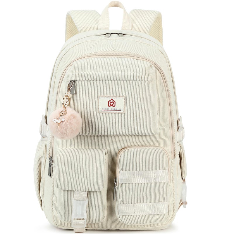 Hidds School Backpack for Teens Girls Women 156 Inch Laptop College Backpacks Corduroy Work Bag Kids Elementary Middle High Campus Bookbag Students Back Pack Anti Theft Travel Daypack Womens Beige - Image 2