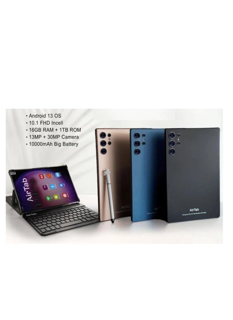 AirTab - 10.1 -Inch Smart Tablet U25 PRO Android 13 Tablet With 1TB Storage and 16GB RAM Quad Core Wi-Fi LTE Dual Sim with Touch Pen and Keyboard - BLACK - Image 1