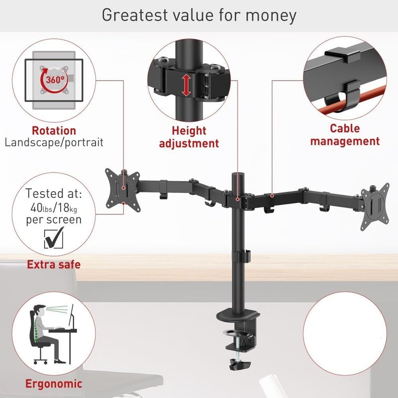 Barkan Dual Monitor Desk Mount for Flat/Curved Screens Sizes 13-29 inch, Full Motion - 5 Movements, Ergonomic, 360 Degree Rotation, Touch & Tilt, Holds up to 5 Kg X 2, grommet hole compatible - Image 2