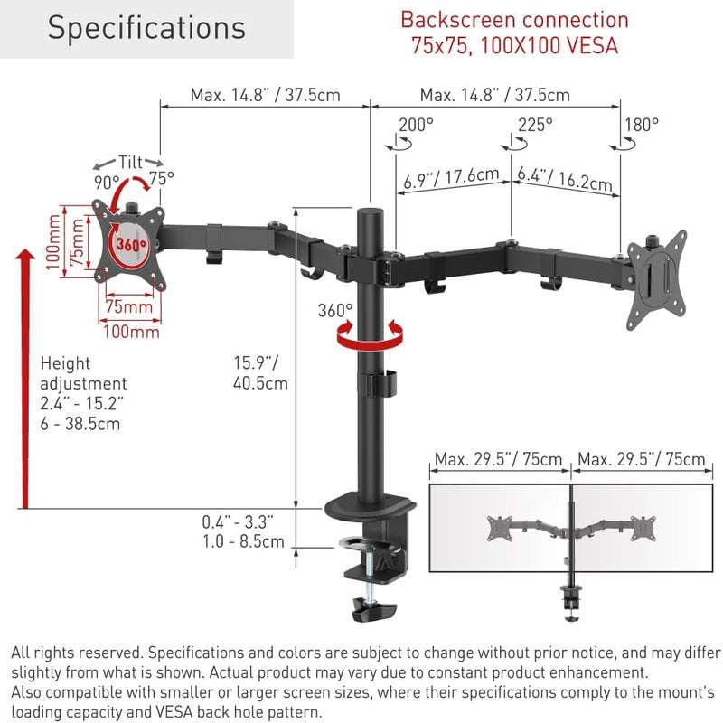 Barkan Dual Monitor Desk Mount for Flat/Curved Screens Sizes 13-29 inch, Full Motion - 5 Movements, Ergonomic, 360 Degree Rotation, Touch & Tilt, Holds up to 5 Kg X 2, grommet hole compatible - Image 5