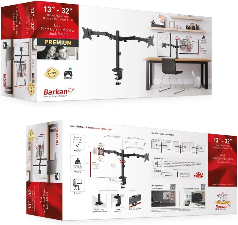 Barkan Dual Monitor Desk Mount for Flat/Curved Screens Sizes 13-29 inch, Full Motion - 5 Movements, Ergonomic, 360 Degree Rotation, Touch & Tilt, Holds up to 5 Kg X 2, grommet hole compatible - Image 4