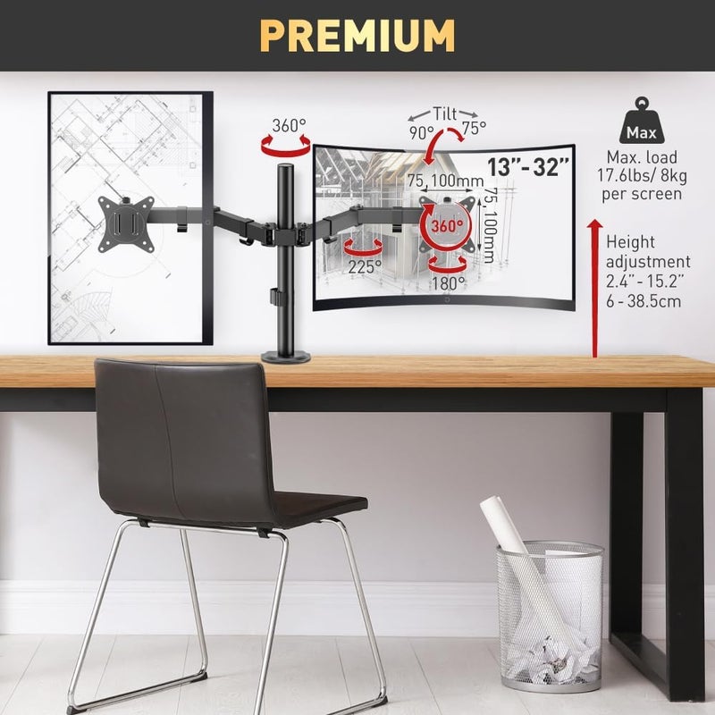 Barkan Dual Monitor Desk Mount for Flat/Curved Screens Sizes 13-29 inch, Full Motion - 5 Movements, Ergonomic, 360 Degree Rotation, Touch & Tilt, Holds up to 5 Kg X 2, grommet hole compatible - Image 3