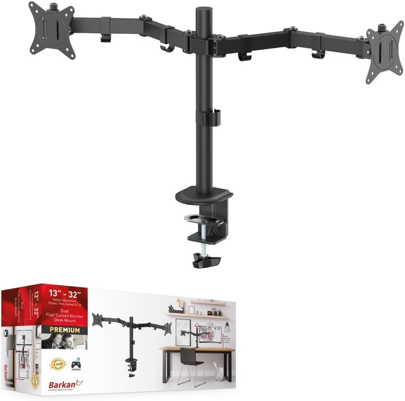 Barkan Dual Monitor Desk Mount for Flat/Curved Screens Sizes 13-29 inch, Full Motion - 5 Movements, Ergonomic, 360 Degree Rotation, Touch & Tilt, Holds up to 5 Kg X 2, grommet hole compatible - Image 1