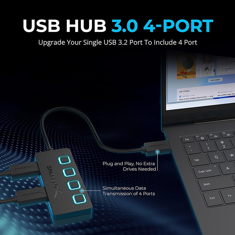 SABRENT 4 Port USB 3.0 Hub with Individual LED Lit Power Switches, Includes 5V/2.5A Power Adapter (HB-UMP3) - Image 2