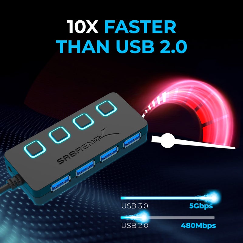 SABRENT 4 Port USB 3.0 Hub with Individual LED Lit Power Switches, Includes 5V/2.5A Power Adapter (HB-UMP3) - Image 4