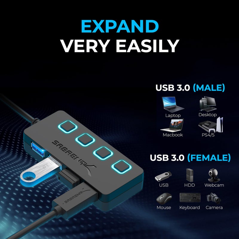 SABRENT 4 Port USB 3.0 Hub with Individual LED Lit Power Switches, Includes 5V/2.5A Power Adapter (HB-UMP3) - Image 5