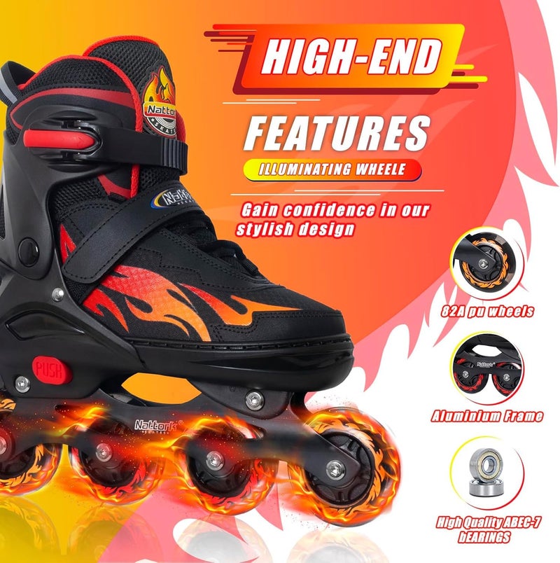 Nattork Adjustable Inline Skates for Kids and Teens, Nezha Inferno Skates Indoor and Outdoor Blades Roller with 8 Light Up Wheels for Boys Girls Youth Aged 6-16, Adult Beginners Flame Style 7 8 9 10 - Image 3