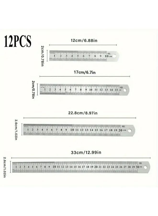 12pcs Stainless Steel Double Sided Ruler Set Metric Imperial 4 6 8 12 Inch - Image 3