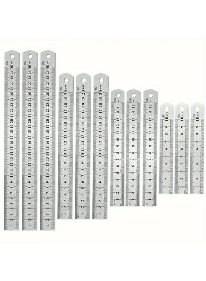 12pcs Stainless Steel Double Sided Ruler Set Metric Imperial 4 6 8 12 Inch - Image 2