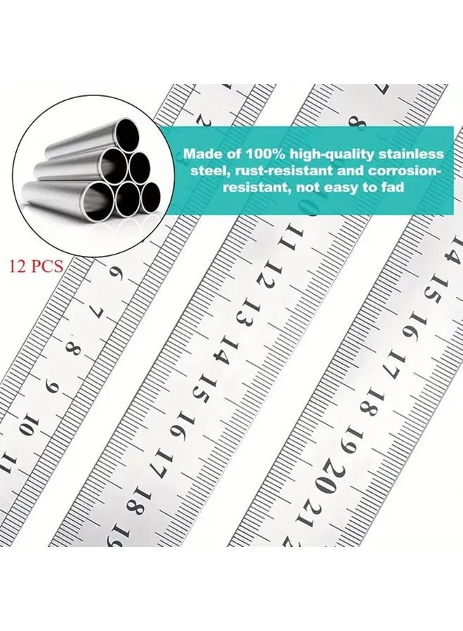 12pcs Stainless Steel Double Sided Ruler Set Metric Imperial 4 6 8 12 Inch - Image 1