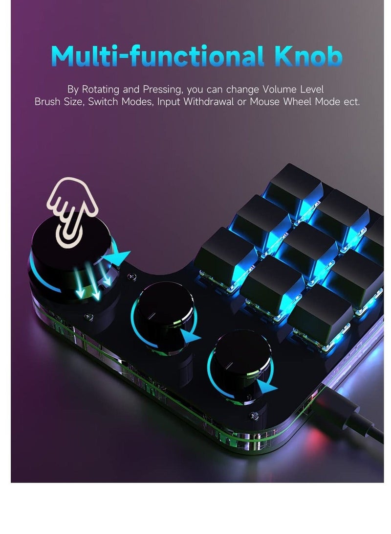 Captaintech 9-Keys USB Mini Macro Mechanical Gaming Keyboard, 3 Knobs One Handed USB PC Keypad, Full-RGB, Wired Mode Programmable Keys Support NKRO, Hotkeys, One-Click Start (Black-Wired -2nd Gen.) - Image 3