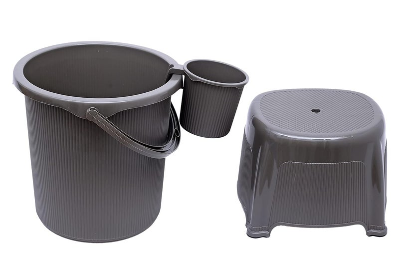 Regalo Round Ribbed Funk 3 Pcs Bathroom Set (Bucket 25L+Mug 1.5L+Stool) (Grey) - Image 1