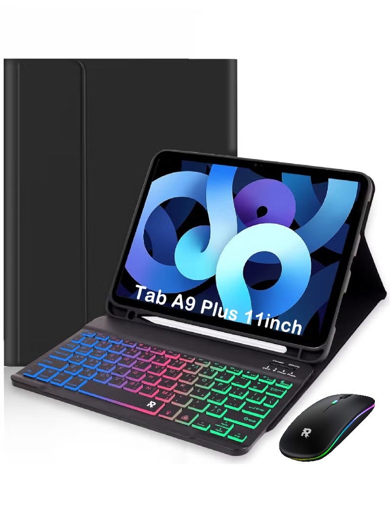 Rock Pow 3in1 Arabic Keyboard Mouse Case for Samsung Galaxy Tab A9 Plus 11 inch (SM-X210/X216/X218),7 Color Rainbow Backlit Detachable Keyboard with Type-C Charging Magnetic Cover for Galaxy Tab A9+ 11inch 2023 5G, 3in1 combo