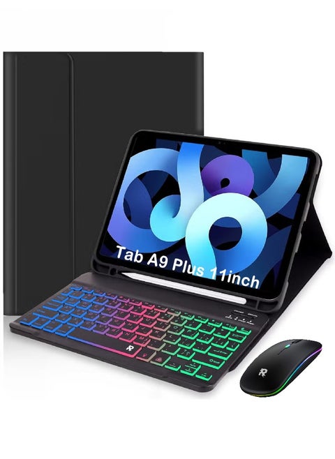 3in1 Keyboard Mouse Case for Samsung Galaxy Tab A9 Plus 11 inch (SM-X210/X216/X218), 7 Color Rainbow Backlit Detachable Keyboard with Type-C Charging Magnetic Cover for Tablet A9+ 11inch 2023 5G