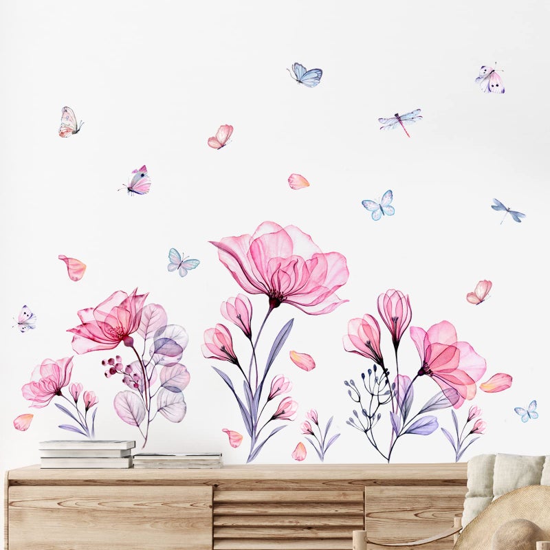 Prabahdak Pink Flowers Wall Decals Removable Butterflies Floral Flowerl Wall Stickers Diy Vinyl Self Adhesive Wall Mural For Nursery Tv Background Kids Gilrs Rooms Bedroom Decoration - Image 4