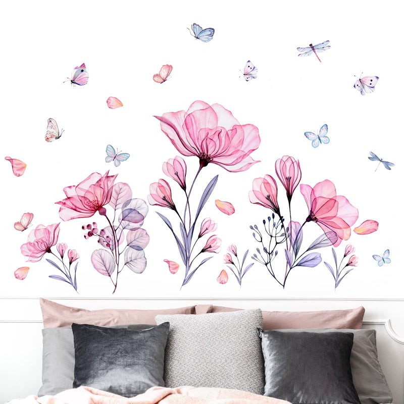 Prabahdak Pink Flowers Wall Decals Removable Butterflies Floral Flowerl Wall Stickers Diy Vinyl Self Adhesive Wall Mural For Nursery Tv Background Kids Gilrs Rooms Bedroom Decoration - Image 3