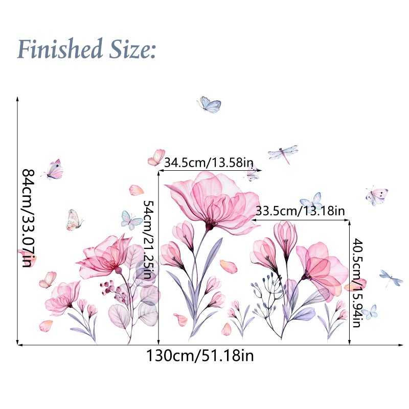 Prabahdak Pink Flowers Wall Decals Removable Butterflies Floral Flowerl Wall Stickers Diy Vinyl Self Adhesive Wall Mural For Nursery Tv Background Kids Gilrs Rooms Bedroom Decoration - Image 5
